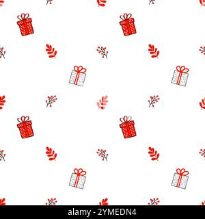 Motivo senza cuciture con confezioni regalo rosse e bianche, frutti di bosco e foglie su sfondo bianco Foto Stock
