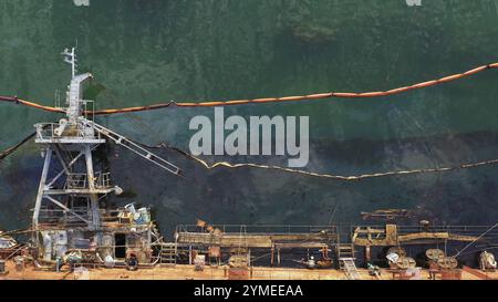 Vista dall'alto della nave cisterna affondata in acque poco profonde. Vista dall'alto della vecchia nave arrugginita rotta rovesciata Foto Stock