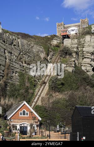 Hastings, East Sussex, Regno Unito, 12 febbraio. East Hill Funicular Railway a Hastings, East Sussex il 12 febbraio 2024 Foto Stock