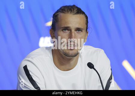 Il tennista tedesco Alexander Zverev durante una conferenza stampa agli US Open 2024 Championships, Billie Jean King Tennis Center, Queens, New Yor Foto Stock