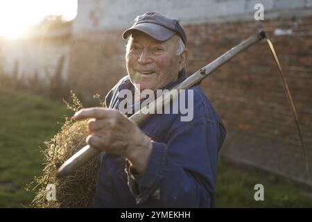 TYMOWA, POLONIA - 29 MAGGIO 2019: Vecchio agricoltore con la falce in una piccola azienda agricola, che oggigiorno non è redditizia. Foto Stock