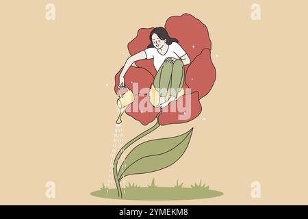 Amare e prendersi cura di se stessi. Giovane donna felice seduta in fiore e annaffiarla, curandosi di se stessa illustrazione vettoriale Abstract ve Foto Stock