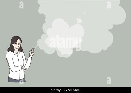 Stile di vita malsano e concetto di fumo. Giovane fumatrice in piedi che fuma sigaretta con molto fumo sul vettore d'aria illustrazione vettore astratto wa Foto Stock