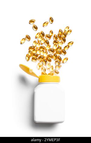 Capsule softgel per integratori di vitamina D3, omega 3 di olio di pesce in flacone bianco isolato su sfondo bianco. Assistenza sanitaria, modello di dieta sana. Foto Stock