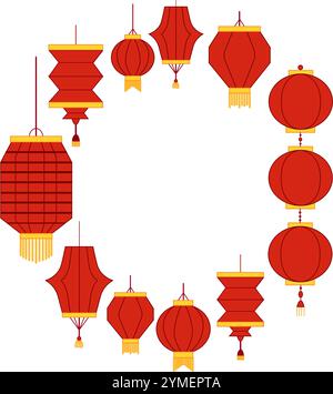 Lanterne rosse di carta modello con cornice circolare. Illustrazione grafica vettoriale per icona, carta vip, certificato, voucher regalo. Capodanno cinese Illustrazione Vettoriale