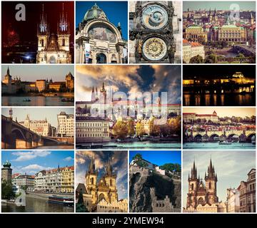 Collage di pittoresca diversi monumenti di Praga e paesaggi con architettura Foto Stock