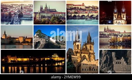 Collage di pittoresca diversi monumenti di Praga e paesaggi con architettura Foto Stock