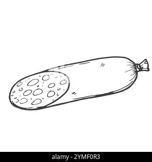 Illustrazione vettoriale dell'icona del contorno della salsiccia di salame. Fette disegnate a mano e involtini di maiale delicatessen, chorizo italiano o sausa tradizionale tedesca affumicata Illustrazione Vettoriale