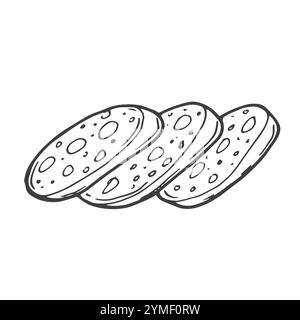 Icona della linea delle fette di salsiccia. Salame retrò, mortadella o chorizo disegnati a mano con carne e strutto. Gastronomia, macelleria, mascotte, contorno pi Illustrazione Vettoriale