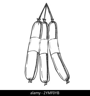 Illustrazione vettoriale dell'icona del contorno della salsiccia di salame. Fette disegnate a mano e involtini di maiale delicatessen, chorizo italiano o sausa tradizionale tedesca affumicata Illustrazione Vettoriale