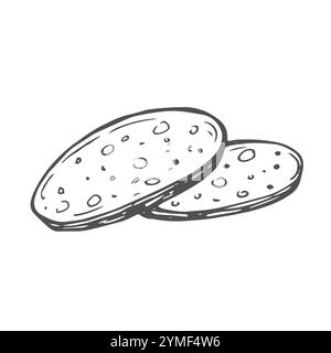 Illustrazione vettoriale dell'icona del contorno della salsiccia di salame. Fette disegnate a mano e involtini di maiale delicatessen, chorizo italiano o sausa tradizionale tedesca affumicata Illustrazione Vettoriale