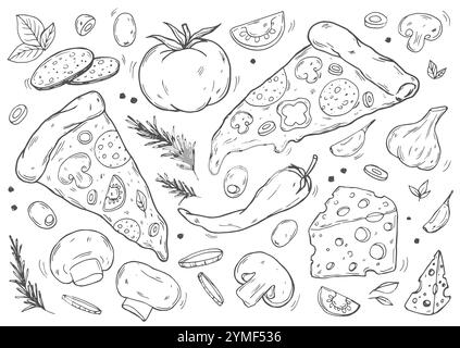 Un bel set di pizza, cucina italiana, fette di pizza, scatola per pizza, cuoco soddisfatto. Amante della pizza. Stile doodle. Disegnato a mano. Ideale per il design dei menu, i banner, Illustrazione Vettoriale