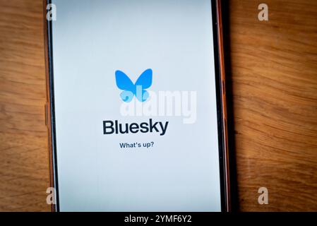 Barcellona, Spagna - 21 novembre 2024: Il logo dell'app di social media Bluesky è visibile sullo schermo di un telefono cellulare. Bluesky è un concorrente di Twit Foto Stock