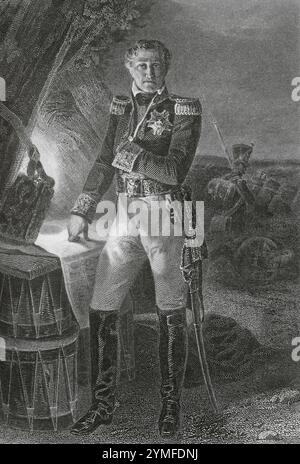 Laurent de Gouvion-Saint-Cyr (1764-1830). Esercito francese. Prese parte alle guerre rivoluzionarie francesi e alle guerre napoleoniche. Nel 1812 fu promosso Maresciallo dell'Impero. Disegno di Massard dopo un ritratto di Horace Vernet. Incisione di Tavernier. Histoire du Consulat et de l'Empire (storia del Consolato e dell'Impero di Francia sotto Napoleone), di A. Thiers. Volume VIII. Pubblicato a Parigi, 1849. Autore: Léopold Massard (1812-1889). Pittore francese. Jules Tavernier (1844-1889). Artista francese. Foto Stock