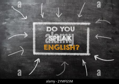 Lavagna con frecce che indicano una casella che dice "parli inglese". L'immagine ha lo scopo di incoraggiare le persone a imparare l'inglese Foto Stock