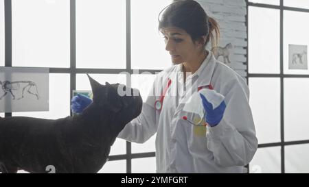 Una giovane donna ispanica veterinaria esamina un bulldog francese in una clinica veterinaria con i raggi X del cane sul muro. Foto Stock