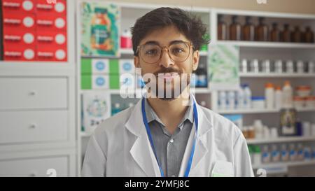 Bell'uomo arabo con occhiali e barba che indossa un camice da laboratorio in un moderno ambiente da farmacia Foto Stock