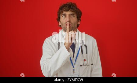 Un giovane con un cappotto medico con uno stetoscopio fa un gesto tranquillo su uno sfondo rosso della parete, incarnando un comportamento calmo e professionale. Foto Stock