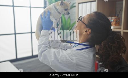 Una donna ispanica veterinaria in una clinica tiene un chihuahua, indossando guanti e sorridendo, con uno stetoscopio intorno al collo. Foto Stock