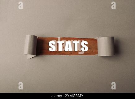 Strappato un pezzo di carta con la parola "statistiche". La carta strappata dà l'impressione di un record rotto o incompleto, forse indicandolo Foto Stock