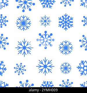 Fiocchi di neve blu di varie dimensioni disposte su uno sfondo bianco con un motivo senza cuciture. Il design ha un concetto festivo e invernale. Vettore Illustrazione Vettoriale