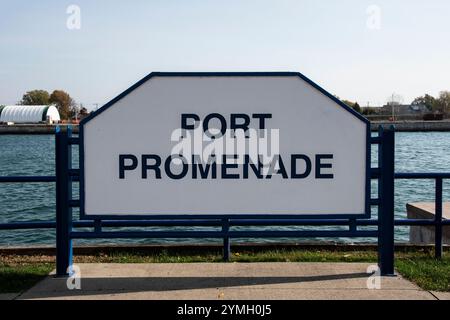 Cartello del parco Port Promenade presso Port Promenade su West Street a Port Colborne, Ontario, Canada Foto Stock