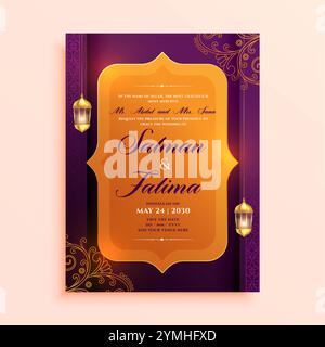 volantino con carta d'invito per matrimoni religiosi islamici con design vettoriale a lanterna Illustrazione Vettoriale
