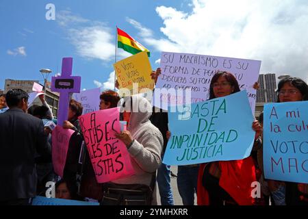 La Paz, Bolivia, 1 settembre 2014. Una donna porta con sé uno striscione che chiede giustizia e fine all'impunità durante una marcia da parte di attivisti e sostenitori per i diritti delle donne per protestare contro il machismo e la violenza contro le donne, e per respingere le recenti dichiarazioni fatte da diversi candidati durante l'attuale campagna elettorale che sembrano minimizzare il problema e discriminare le donne. Secondo un rapporto DELL'OMS nel gennaio 2013, la Bolivia è il paese con il più alto tasso di violenza contro le donne in America Latina, con 453 casi di femminicidio dal 2006. Crediti: James Brunker / Alamy Live News Foto Stock