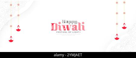 tradizionale striscione bianco festoso diwali con vettore diya appeso Illustrazione Vettoriale