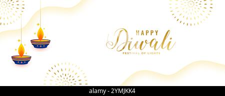 elegante striscione bianco di benvenuto happy diwali con vettore diya appeso Illustrazione Vettoriale
