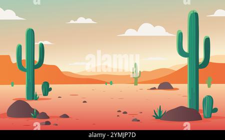 illustrazione in stile cartone animato. Paesaggio naturale nel deserto caldo con dune, cactus, montagne e pietre. Illustrazione Vettoriale