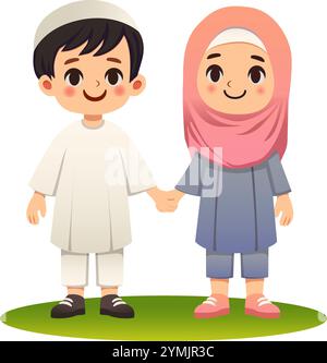 Illustrazione in stile cartoni animati vettoriali. Felice Eid al-Fitr. Bambini musulmani ragazzo e ragazza che si tengono per mano. Illustrazione Vettoriale