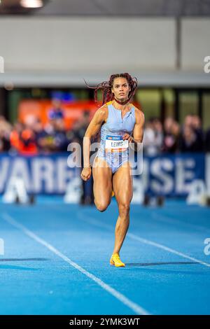 Melbourne, Australia. 15 febbraio 2024. Sprinter Torrie Lewis visto in azione sui tracciati durante il Maurie Plant Meet Melbourne del 2024 al Lakeside Stadium. World Athletics Continental Tour Gold Meet. (Foto di Olivier Rachon/SOPA Images/Sipa USA) credito: SIPA USA/Alamy Live News Foto Stock