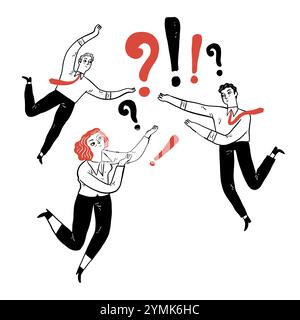 L'uomo d'affari o i dipendenti stanno lanciando la lettera di punto esclamativo e il punto delle domande ad altri. Illustrazione vettoriale disegnata a mano con doodle st Illustrazione Vettoriale