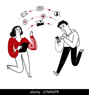 Trasferimento dati Internet da cellulare o tablet. Le persone utilizzano gli smartphone per condividere immagini, canzoni e messaggi. Illustrazione vettoriale disegnata a mano Illustrazione Vettoriale
