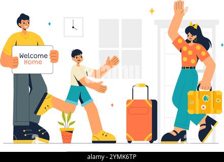 Illustrazione vettoriale di ritorno con un momento di riunione gioioso, il benvenuto a qualcuno a casa con uno sfondo di cartone animato in stile piatto Illustrazione Vettoriale