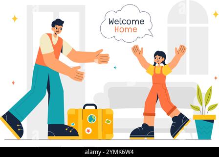 Illustrazione vettoriale di ritorno con un momento di riunione gioioso, il benvenuto a qualcuno a casa con uno sfondo di cartone animato in stile piatto Illustrazione Vettoriale