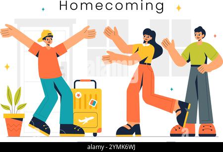 Illustrazione vettoriale di ritorno con un momento di riunione gioioso, il benvenuto a qualcuno a casa con uno sfondo di cartone animato in stile piatto Illustrazione Vettoriale