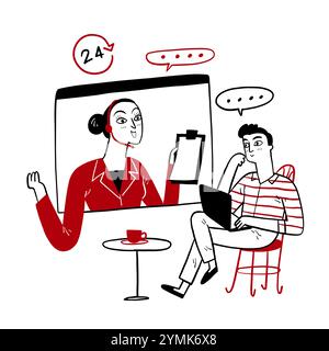 Donna con auricolare che parla con il cliente. Assistenza clienti, call center, operatore hotline. Supporto tecnico e assistenza clienti. Illu vettoriale disegnato a mano Illustrazione Vettoriale