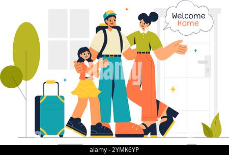 Illustrazione vettoriale di ritorno con un momento di riunione gioioso, il benvenuto a qualcuno a casa con uno sfondo di cartone animato in stile piatto Illustrazione Vettoriale