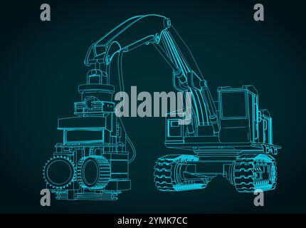 Illustrazione vettoriale stilizzata di una mietitrice forestale cingolata Illustrazione Vettoriale