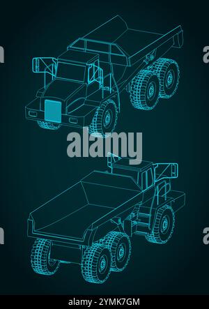 Illustrazione vettoriale stilizzata di progetti isometrici di grandi dumper industriali per attività estrattive Illustrazione Vettoriale