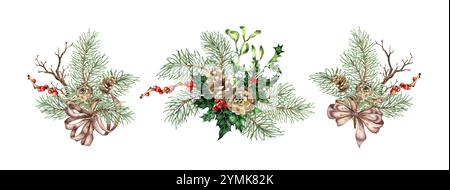 Rami di abete con aghi verdi, coni, rami secchi, bacche rosse e fiocco marrone, set di illustrazioni ad acquerello con nastro in raso. Piante forestali per l'inverno Foto Stock