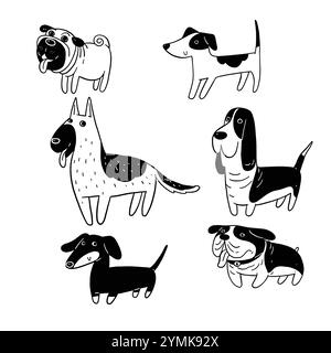 Cani carini e divertenti che fanno il doodle Vector Set. I personaggi dei cartoni animati disegnano a mano in bianco e nero in pose diverse. Set di animali domestici di razza pura isolati su W Illustrazione Vettoriale