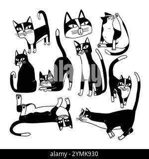 Carini e simpatici gatti che fanno la scarabocchiatura. I personaggi dei cartoni animati o dei gattini disegnano a mano in bianco e nero in pose diverse. Set di isol animali di razza pura Illustrazione Vettoriale