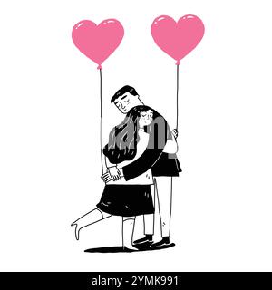 Coppia con palloncini a forma di cuore che si abbracciano a vicenda. Disegnare a mano l'illustrazione vettoriale a forma di scarabocchio. Illustrazione Vettoriale