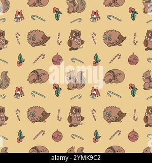 Motivo senza cuciture con bacche, gufo, caramelle e bacche Foto Stock