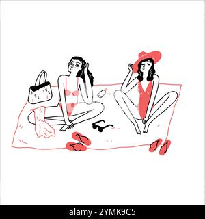 Due bellissime giovani turisti che indossano costumi da bagno si siedono e si rilassano sulla spiaggia. Illustrazione vettoriale disegnata a mano, stile a forma di scarabocchio. Illustrazione Vettoriale