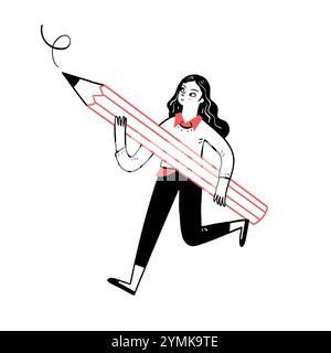Giovane donna che tiene una matita grande. Illustrazione vettoriale disegnata a mano. Illustrazione Vettoriale