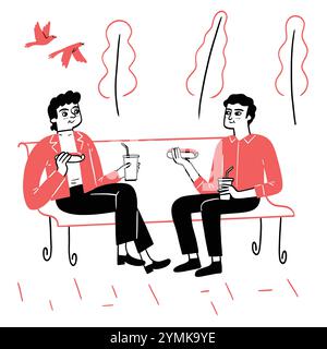 Una coppia è seduta su una panchina del parco, mentre tiene le tazze da caffè e pranza in un parco. Illustrazione del vettore di disegno a mano. Illustrazione Vettoriale